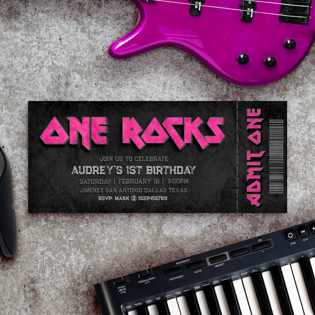 One Rocks - Girl 1st Birthday Ticket Invitation (One Rocks - Girl 1st Birthday Ticket Invitation)