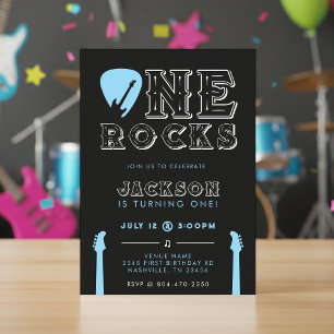 One Rocks Guitar Pick Blue 1st Birthday Party Invitation