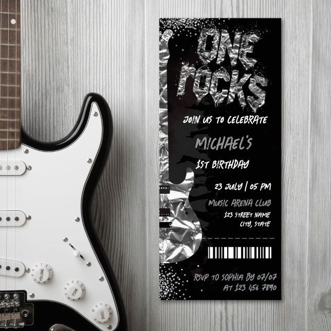 One Rocks Music Themed Concert Ticket Birthday Invitation (SILVER ELECTRIC GUITAR WITH GLITTER ON THE BLACK BACKGROUND ROCK CONCERT INVITATION)