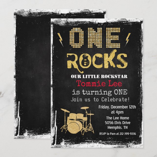 One Rocks Rockstar Drumset 1er Invitation annivers (Devant / Derrière)