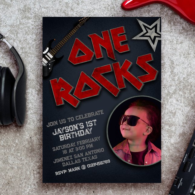 One Rocks with Picture - Rockstar 1st Birthday Invitation (Creator Uploaded)