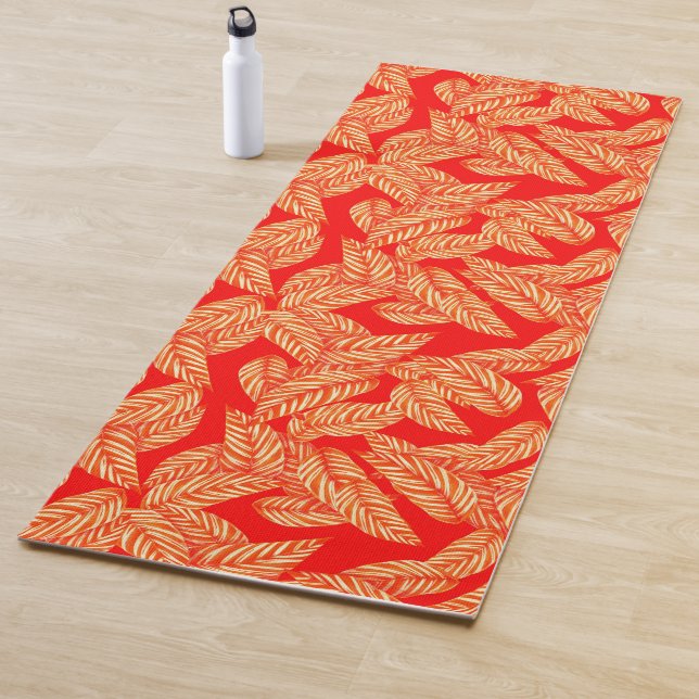 One Sided Red Leaf Print Yoga Mat (In Situ)