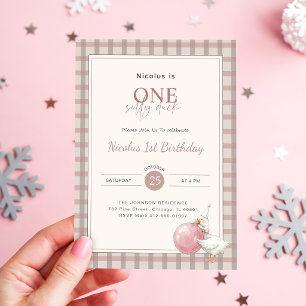 One Silly Duck Pink Bow Baby 1st Birthday Party Invitation