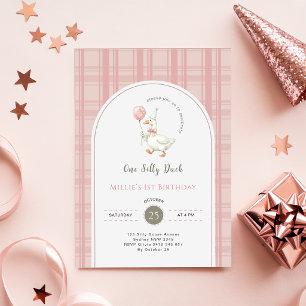 One Silly Duck Pink Bow Gingham 1st Birthday Party Invitation