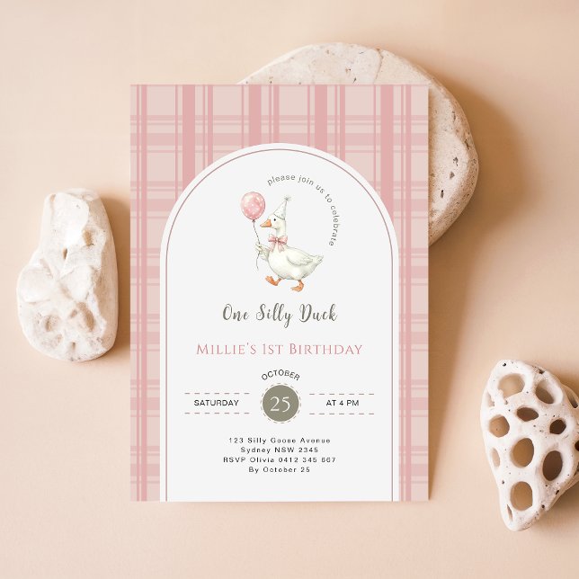 One Silly Duck Pink Bow Gingham 1st Birthday Party Invitation (Creator Uploaded)