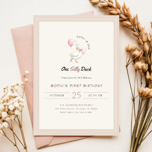 One Silly Duck Pink Bow Tie First Birthday Invitation