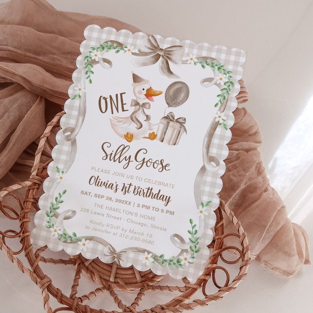 One Silly Goose 1st Birthday Beige & Brown Bow Invitation (Creator Uploaded)