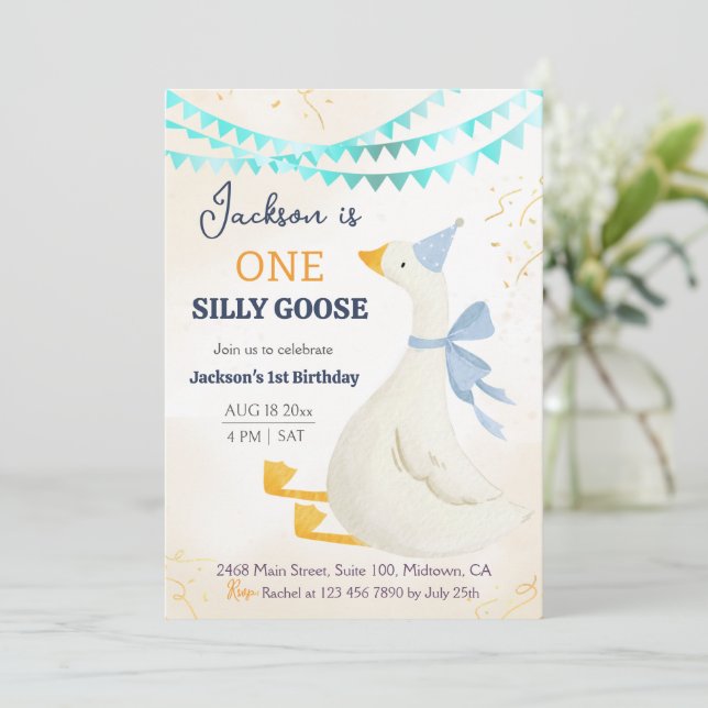 One silly goose 1st birthday blue cool cute boy invitation (Standing Front)