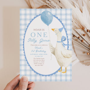 One Silly Goose 1st Birthday: Blue Gingham Invitation