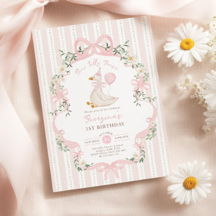 One Silly Goose 1st Birthday Invitation, Pink Bow  Invitation