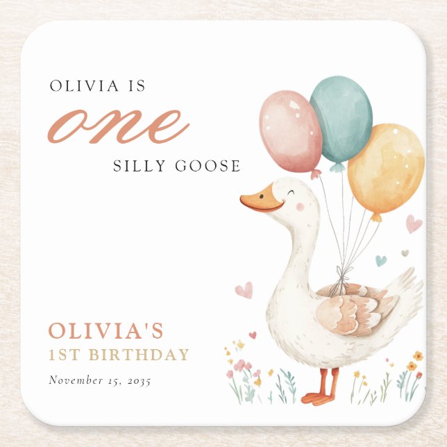 One Silly Goose 1st Birthday Party Square Paper Coaster (Front)