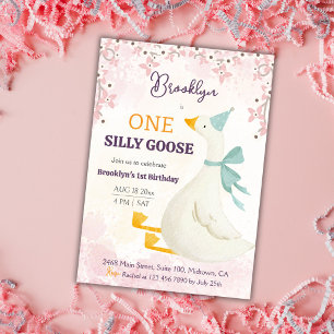 One silly goose 1st birthday pink floral girl cute invitation