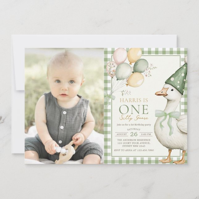 One Silly Goose Balloon Gingham 1st Birthday Photo Invitation (Front)