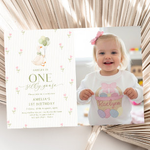 One Silly Goose Balloons Floral 1st Birthday Photo Invitation