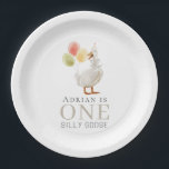 One Silly Goose Beige 1st Birthday Paper Plate<br><div class="desc">This cute "one silly goose" gender-neutral 1st/first birthday paper plate features a goose with a party hat and balloons. Personalize it for your needs. You can find matching products at my store.</div>