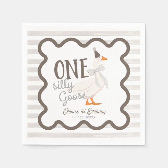 One Silly Goose Beige Bow 1st Birthday Napkin (Front)