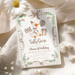 One Silly Goose Beige Brown Bow 1st Birthday Invitation