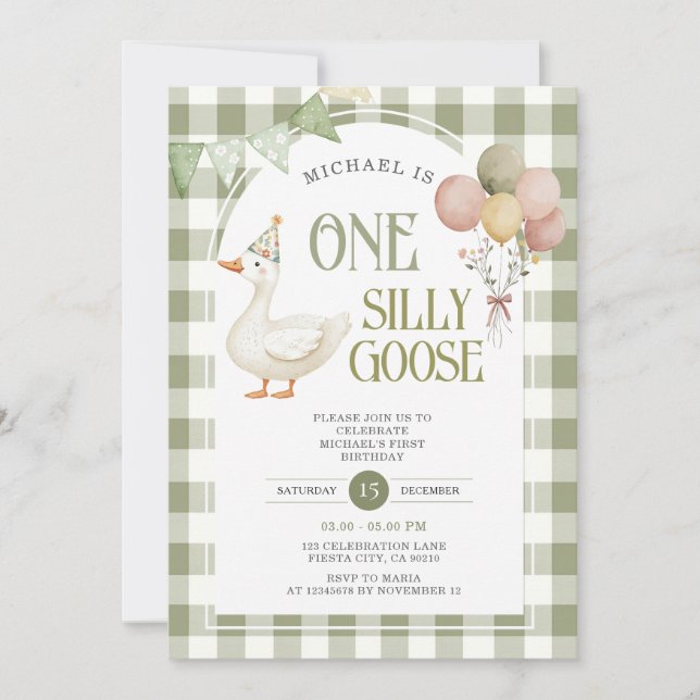 One Silly Goose Birthday Balloon Green Gingham  Invitation (Front)