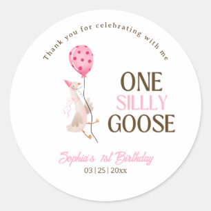 One Silly Goose Birthday, Girl 1st Birthday Pink Classic Round Sticker