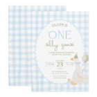 One Silly Goose Birthday Invite Blue Gingham