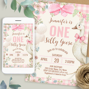 One Silly Goose Birthday Pink Gingham  Invitation