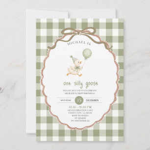 One Silly Goose Birthday Sage Green Gingham Invitation