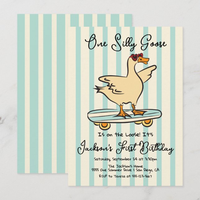 One Silly Goose Birthday skateboard Invitation (Front/Back)