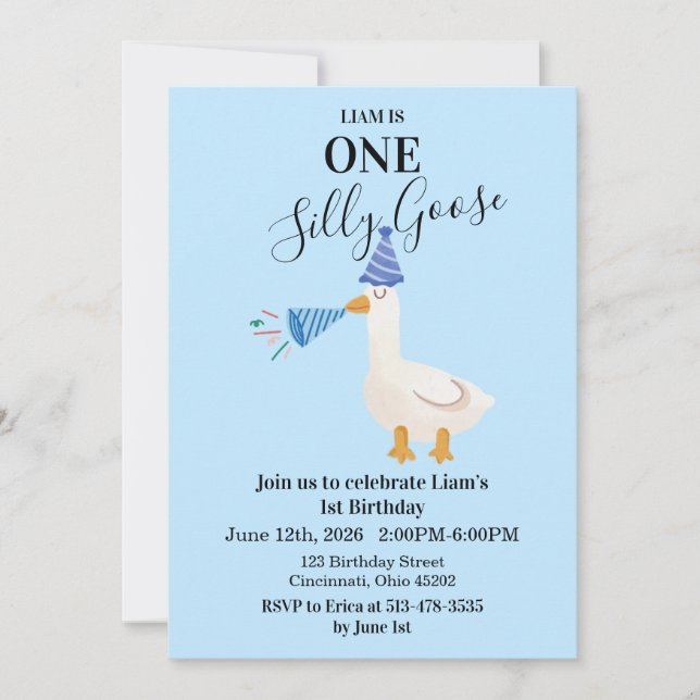 One Silly Goose Blue 1st Birthday Invite (Front)