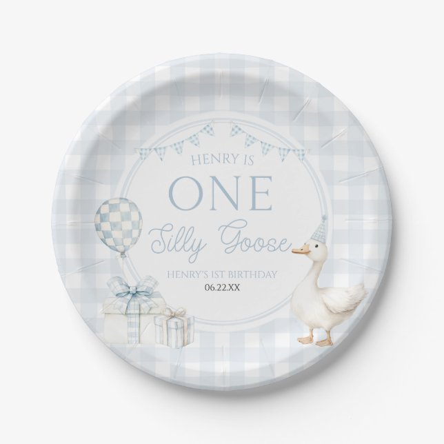 ONE Silly Goose Blue 1st Birthday Party Paper Plate (Front)