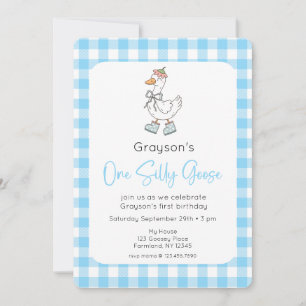 One Silly Goose Blue 1st Birthday Photo Invitation