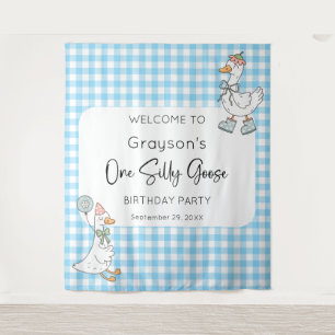 One Silly Goose Blue 1st Birthday Welcome Backdrop Tapestry