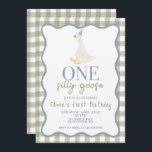 One Silly Goose blue and green Invitation<br><div class="desc">One silly goose! first birthday with goose,  dusty blue wavy rectangle frame and sage green text.</div>