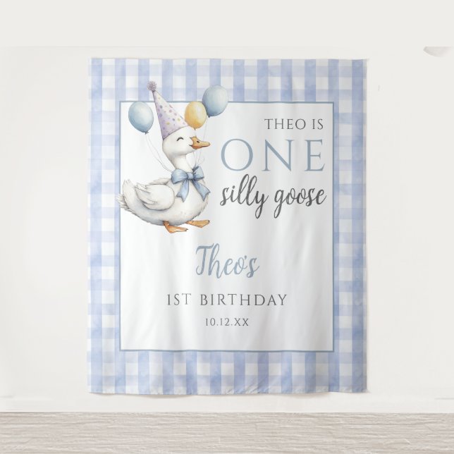 One Silly Goose Blue Birthday Photo Backdrop Tapestry (Front)