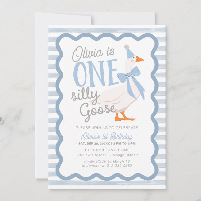 One Silly Goose Blue Bow 1st Birthday Invitation (Front)