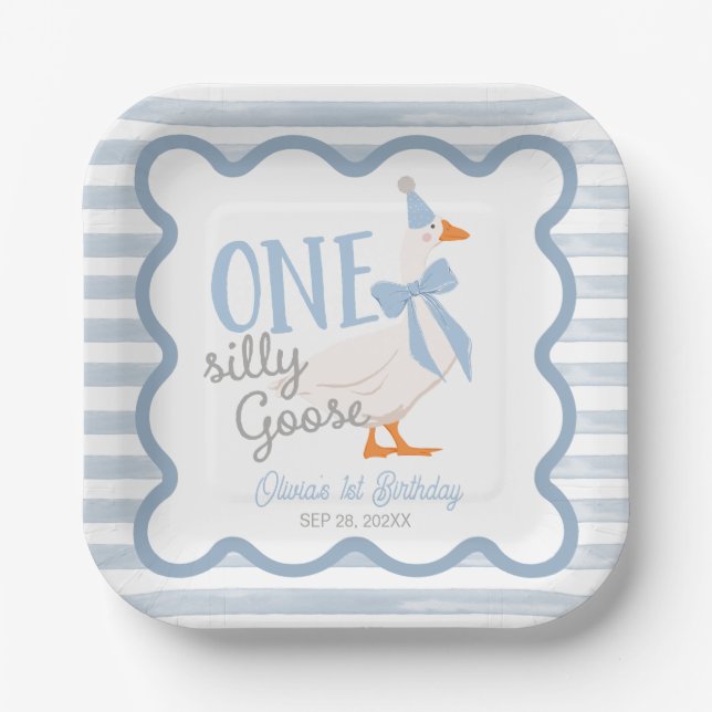 One Silly Goose Blue Bow 1st Birthday Paper Plate (Front)