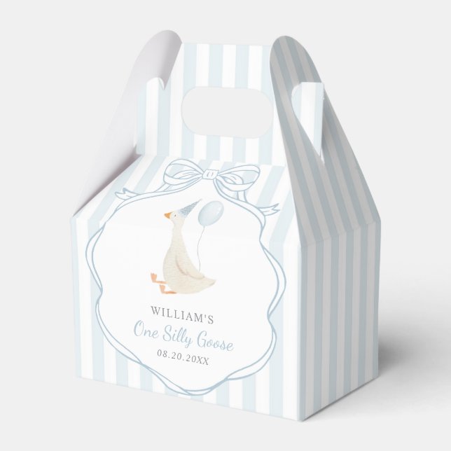 One Silly Goose Blue Bow First Birthday Favor Box (Front Side)
