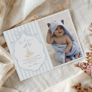 One Silly Goose Blue Bow First Birthday Photo Thank You Card