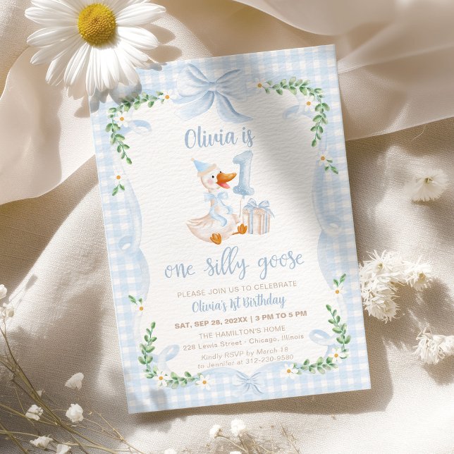 One Silly Goose Blue Bow Floral 1st Birthday Invitation (Creator Uploaded)