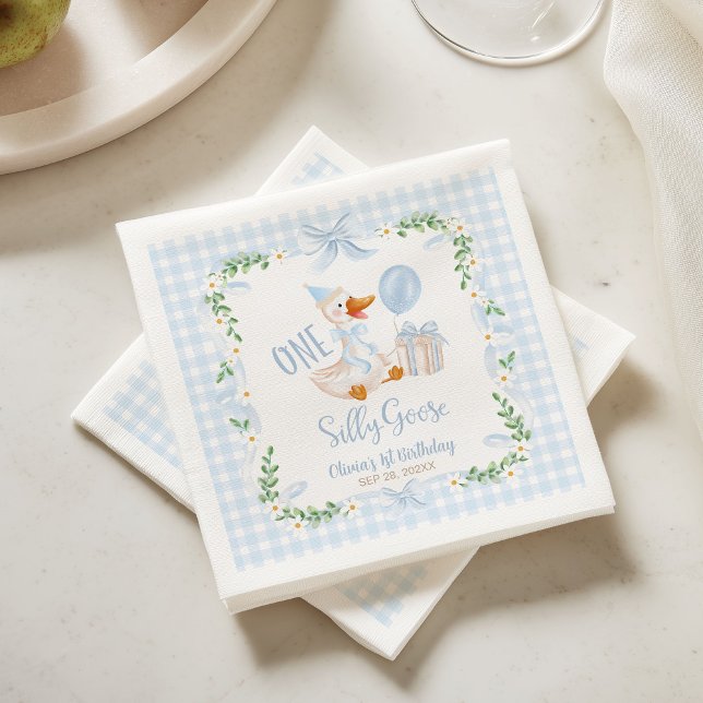 One Silly Goose Blue Bow Floral 1st Birthday Napkin (Creator Uploaded)