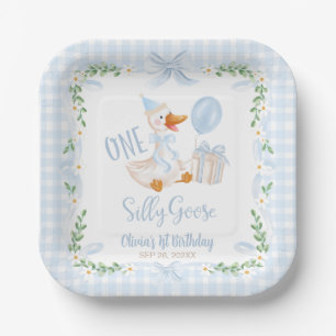 One Silly Goose Blue Bow Floral 1st Birthday Paper Plate
