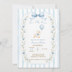 One Silly Goose Blue Bow Girl 1st Birthday Invitation