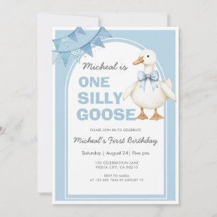 One Silly Goose Blue Boy 1st Birthday Blue Invitation