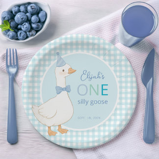 One Silly Goose Blue Boy First Birthday Party Hat Paper Plate