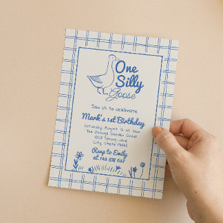 One Silly Goose Blue Drawn 1st Boy Birthday Invitation