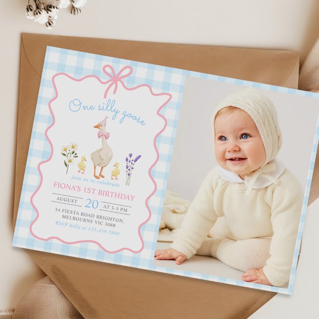 One Silly Goose Blue Gingham 1st Birthday Photo Invitation (Creator Uploaded)