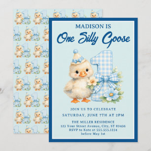One Silly Goose Blue Gingham Bow 1st Birthday Invitation