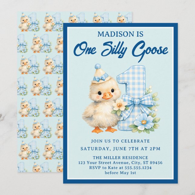 One Silly Goose Blue Gingham Bow 1st Birthday Invitation (Front/Back)