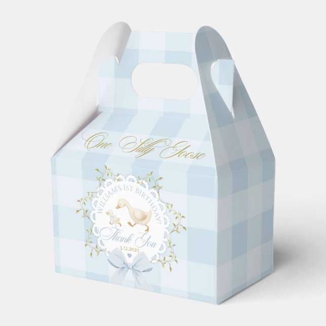 One Silly Goose Blue Gingham Boy 1st Birthday Favor Box (Back Side)
