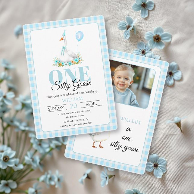 One silly goose, blue gingham boy's 1st birthday  invitation (Creator Uploaded)