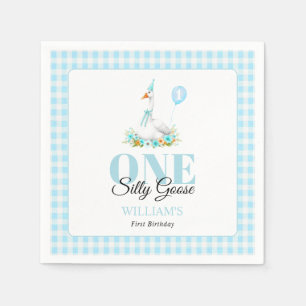 One silly goose, blue gingham boy's 1st birthday napkin